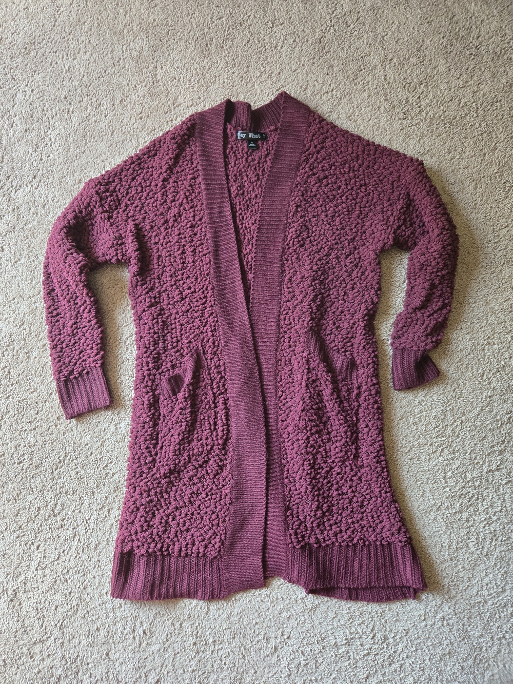 Say What Burgundy Popcorn Knit Open Front Cardigan
